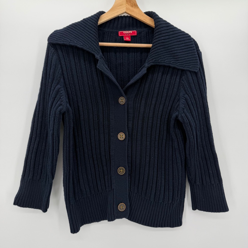 Vintage Chaps Denim Navy Ribbed 100% Cotton Collared Cardigan L Preppy Academia